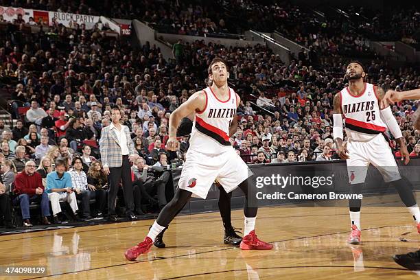 Joel Freeland of the Portland Trailblazers looks up for the rebound against the Utah Jazz on February 21, 2014 at the Moda Center Arena in Portland,...