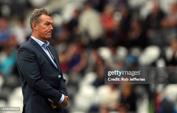 Blues coach John Kirwan during the round two Super Rugby match between the Highlanders and the Blues at Forsyth Barr Stadium on February 22, 2014 in...