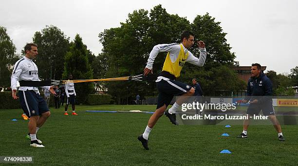 Zdravko Kuzmanovic and Hugo Armando Campagnaro of FC Internazionale Milano train during FC Internazionale training session at the club's training...