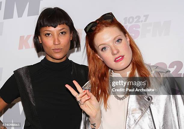 Aino Jawo and Caroline Hjelt of the Girl Group "Icona Pop" pose for pictures at the KIIS FM studios at Clear Channel Media and Entertainment on...