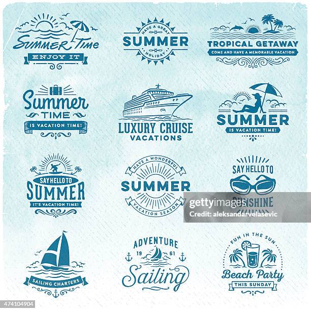 stockillustraties, clipart, cartoons en iconen met summer vacation, surfing, sailing, beach signs and badges - beach umbrella