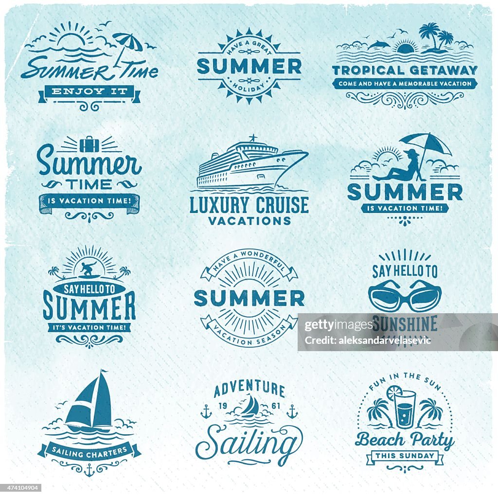 Summer Vacation, Surfing, Sailing, Beach Signs and Badges