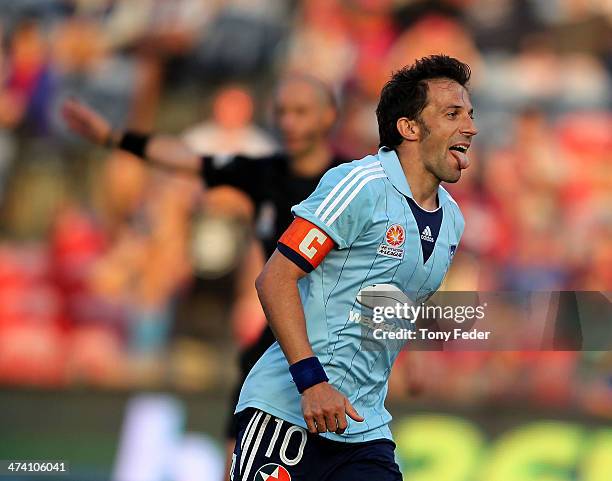 Alessandro Del Piero of Sydney Fc celebrates after scoring from the penalty spot during the round 20 A-League match between Newcastle Jets v Sydney...