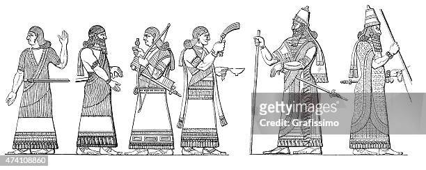 assyrian emperor and lords - persian culture stock illustrations
