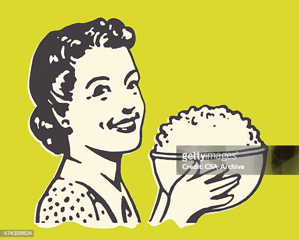 woman holding bowl of popcorn - popcorn stock illustrations