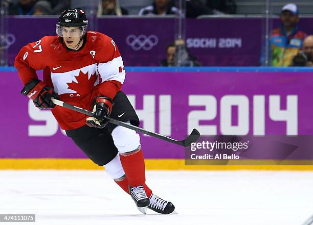 Sidney Crosby of Canada skates during the Men's Ice Hockey Semifinal Playoff against the United States on Day 14 of the 2014 Sochi Winter Olympics at...