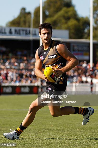 Trent Cotchin of Richmond runs with the ball during the NAB challenge match between the Collingwood Magpies and the Richmond Tigers on February 22,...