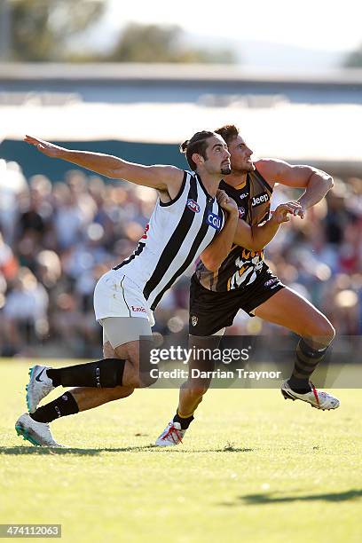 Brodie Grundy of Collingwood and Shaun Hampson of Richmond compete in the ruck during the NAB challenge match between the Collingwood Magpies and the...