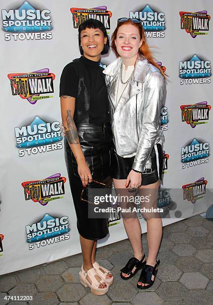 Aino Jawo and Caroline Hjelt of the Girl Group "Icona Pop" pose for pictures at Universal CityWalk's "5 Towers" at 5 Towers Outdoor Concert Arena on...