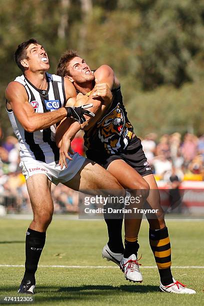 Quinten Lynch of Collingwood and Shaun Hampson of Richmond compete during the NAB challenge match between the Collingwood Magpies and the Richmond...
