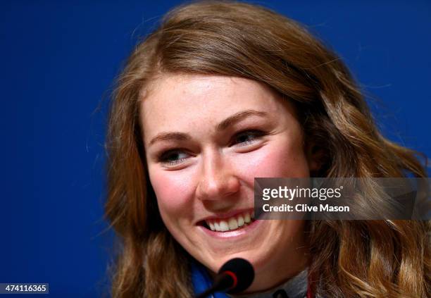 United States slalom skiing gold medalist Mikaela Shiffrin looks on during a USOC Press Conference on day 15 of the Sochi 2014 Winter Olympics at the...