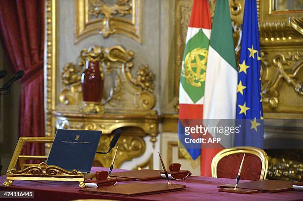 The desk for Italian president is ready ahead of the swearing ceremony on February 22, 2014 at the Quirinale Palace in Rome. Renzi was nominated to...