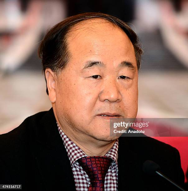 ISTANBUL, TURKEY - FEBRUARY 22: Chinese novelist and winner of the 2012 Nobel Prize in Literature Mo Yan (C) holds a press conference at Shangri La Bosphorus Hotel in Istanbul, Turkey on February 22, 2014. (Photo by Berk Ozkan/Anadolu Agency/Getty Images) istanbul turkey chinese novelist winner nobel