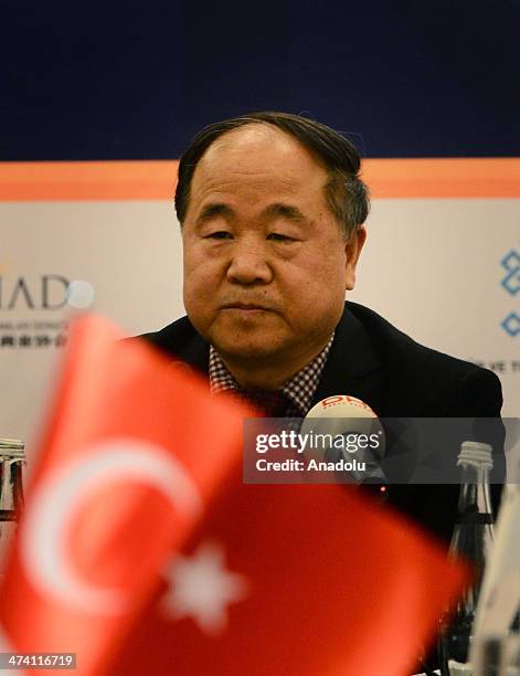 ISTANBUL, TURKEY - FEBRUARY 22: Chinese novelist and winner of the 2012 Nobel Prize in Literature Mo Yan (C) holds a press conference at Shangri La Bosphorus Hotel in Istanbul, Turkey on February 22, 2014. (Photo by Berk Ozkan/Anadolu Agency/Getty Images) istanbul turkey chinese novelist winner nobel