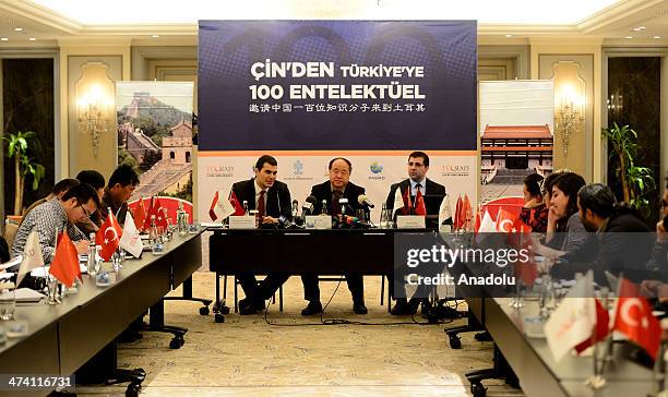ISTANBUL, TURKEY - FEBRUARY 22: Chinese novelist and winner of the 2012 Nobel Prize in Literature Mo Yan (C) holds a press conference at Shangri La Bosphorus Hotel in Istanbul, Turkey on February 22, 2014. (Photo by Berk Ozkan/Anadolu Agency/Getty Images) istanbul turkey chinese novelist winner nobel