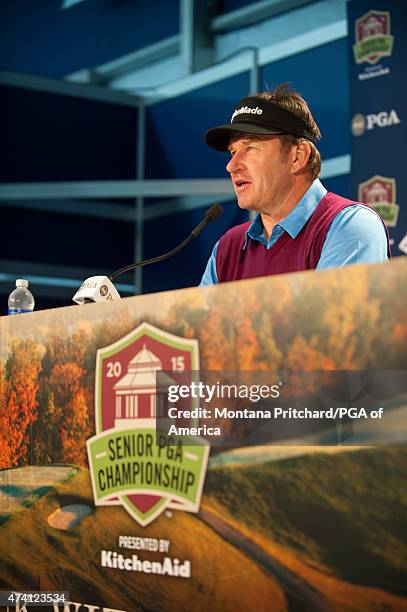 Sir Nick Faldo of England answers questions at a press conference during the practice rounds for the 76th Senior PGA Championship presented by...