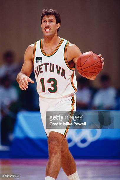Lithuanian basketball player Sarunas Marciulionis playing for his national side against Venezuela at the Pavello Olimpic de Badalona, during the...