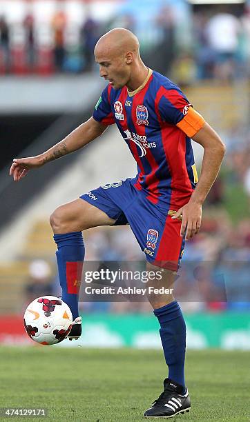 Ruben Zadkovich of the Jets controls the ball during the round 20 A-League match between Newcastle Jets v Sydney FC at Hunter Stadium on February 22,...