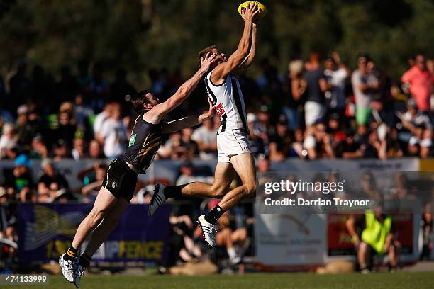 Ben Reid of Collingwood marks the ball during the NAB challenge match between the Collingwood Magpies and the Richmond Tigers on February 22, 2014 in...