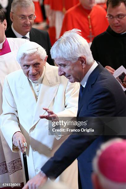 Pope Emeritus Benedict XVI attends the Consistory at St Peter's Basilica on February 22, 2014 in Vatican City, Vatican. 19 new cardinals have been...