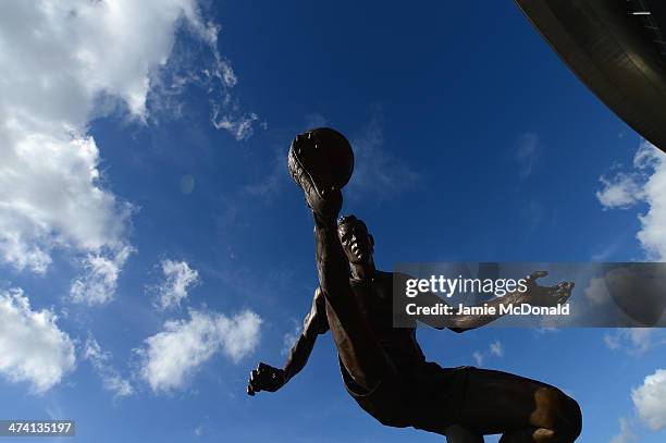 View of the new former Arsenal and Netherlands footballer Dennis Bergkamp statue prior to the Barclays Premier League match between Arsenal and...