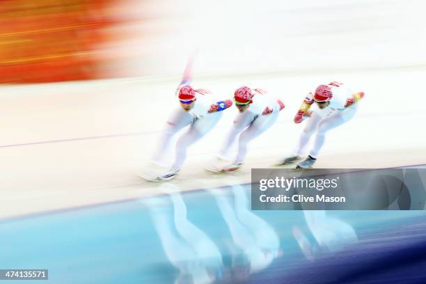 Yuliya Skokova, Olga Graf and Yekaterina Shikhova of Russia compete during the Women's Team Pursuit Semifinals Speed Skating event on day fifteen of...