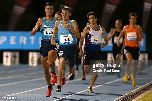 Joshua Ralph leads Jeffrey Riseley in the mens 800 metre event during the Perth Track Classic at the WA Atheletics Stadium on February 22, 2014 in...