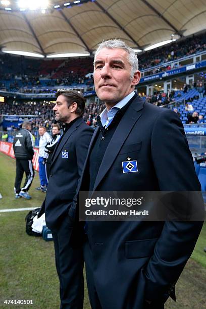 Head coach Mirko Slomka of Hamburg looks on prior to the Bundesliga match between Hamburger SV and Borussia Dortmund at Imtech Arena on February 22,...