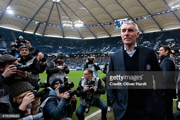 Head coach Mirko Slomka of Hamburg looks on prior to the Bundesliga match between Hamburger SV and Borussia Dortmund at Imtech Arena on February 22,...