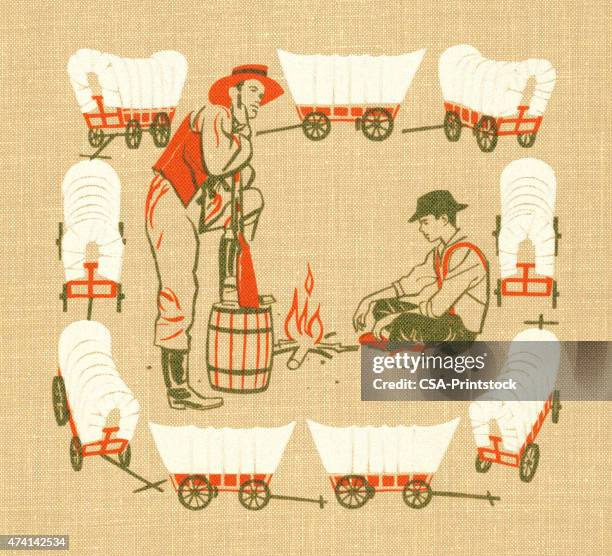 men surrounded by wagons - bonfire stock illustrations