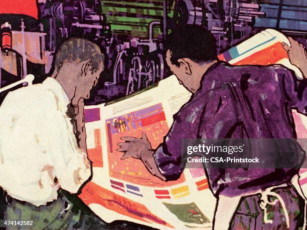 two men looking at newpaper - proofreading stock illustrations
