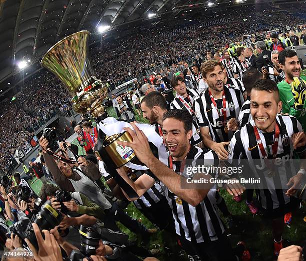 Alessandro Matri of Juventus celebrates the victory after the TIM Cup final match between SS Lazio and Juventus FC at Olimpico Stadium on May 20,...