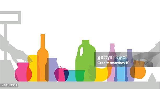 colorful supermarket checkout silhouettes - supermarket products stock illustrations