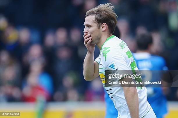 Tony Jantschke of Borussia Moenchengladbach celebrates after heading his team's second goal during the Bundesliga match between Borussia...