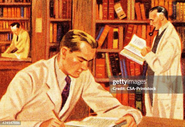 men doing research in library - science class stock illustrations