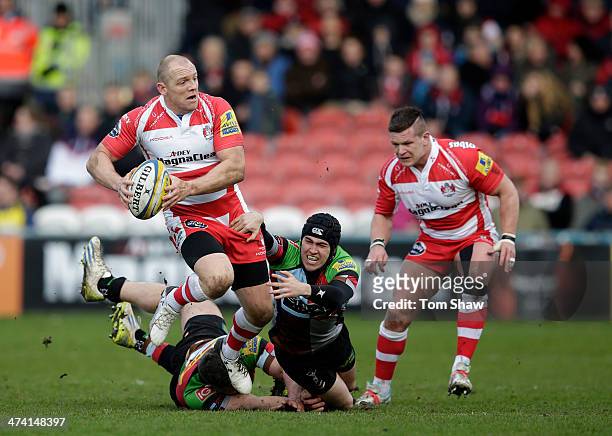 Mike Tindall of Gloucester is tackled during the Aviva Premiership match between Gloucester and Harlequins at the Kingsholm Stadium on February 22,...