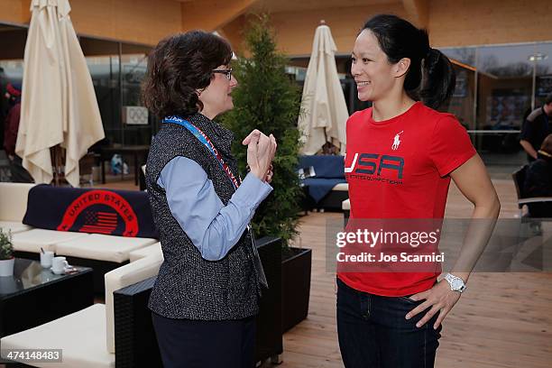 Olympians Bonnie Blair Cruikshank and Julie Chu visit the USA House in the Olympic Village on February 22, 2014 in Sochi, Russia.