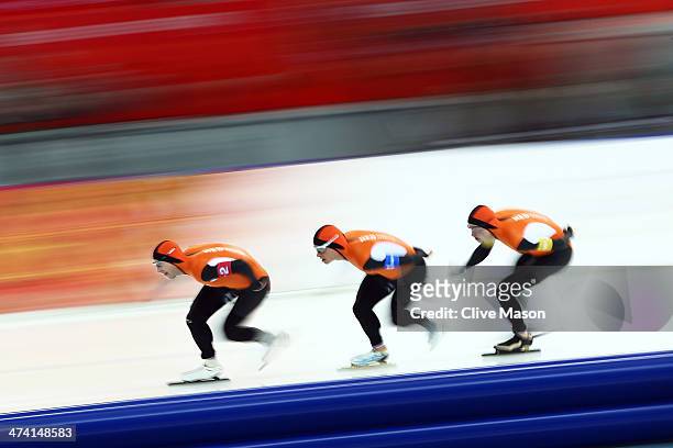 Jan Blokhuijsen, Koen Verweij and Sven Kramer of the Netherland compete during the Men's Team Pursuit Final A Speed Skating event on day fifteen of...