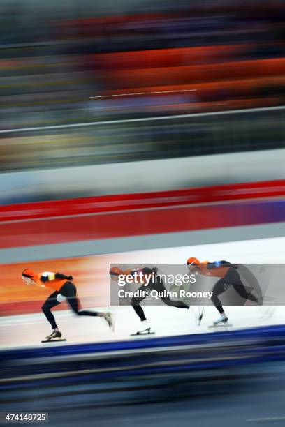 Sven Kramer, Jan Blokhuijsen and Koen Verweij of the Netherland compete during the Men's Team Pursuit Final A Speed Skating event on day fifteen of...