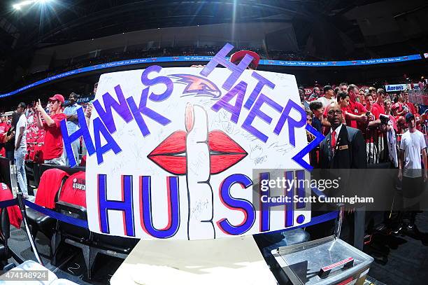 Atlanta Hawks fans signage against the Cleveland Cavaliers for Game One of the Eastern Conference Finals during the NBA Playoffs on May 20, 2015 at...