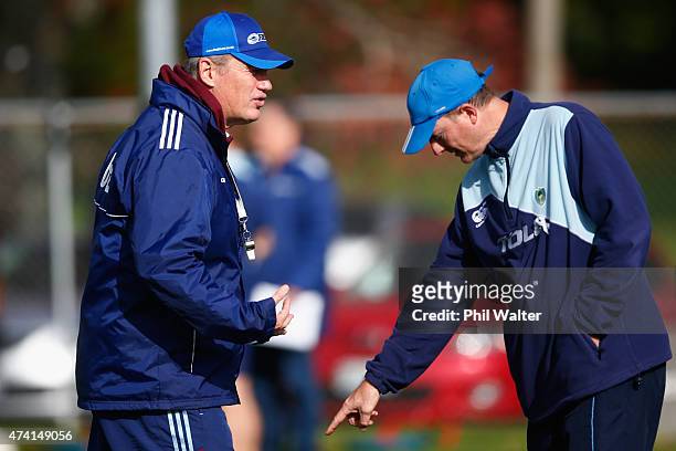 Blues coach Sir John Kirwan speaks with Northland NPC head coach Richie Harris during an Auckland Blues Super Rugby training session at Unitec on May...