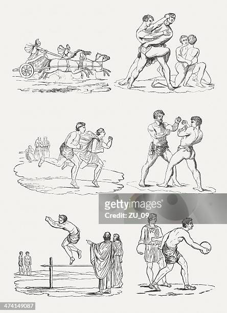 sports disciplines of the ancient olympic games - ancient greece stock illustrations