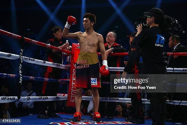 Ryota Murata acknowledges to the crowd prior to his bout with Carlos Nascimento on February 22, 2014 in Macau, Macau.