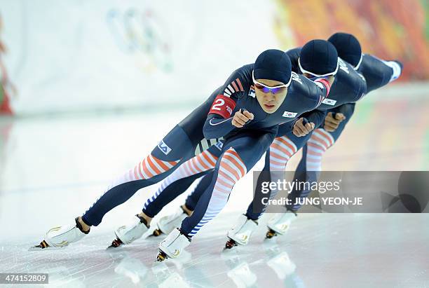 South Korea's Kim Cheol-Min, South Korea's Lee Seung-Hoon and South Korea's Joo Hyong-Jun compete in the Men's Speed Skating Team Pursuit Final at...