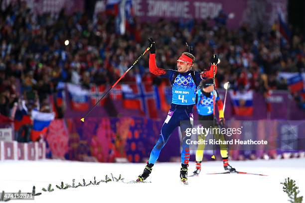 Anton Shipulin of Russia celebrates winning the gold medal during the Men's 4 x 7.5 km Relay during day 15 of the Sochi 2014 Winter Olympics at Laura...