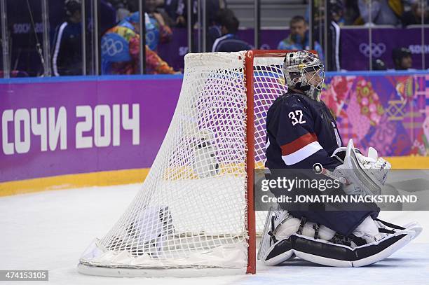 Goalkeeper Jonathan Quick is pictured during the Men's ice hockey Bronze Medal Game USA vs Finland at the Bolshoy Ice Dome during the Sochi Winter...
