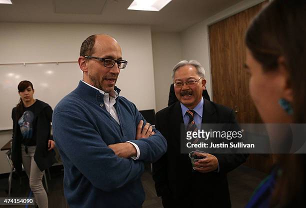Twitter CEO Dick Costello and San Francisco mayor Ed Lee look on during the grand opening of NeighborNest community technology space on May 20, 2015...