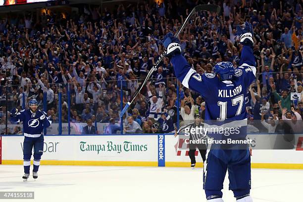 Alex Killorn of the Tampa Bay Lightning celebrates with his teammates after scoring a goal in the second period against Henrik Lundqvist of the New...