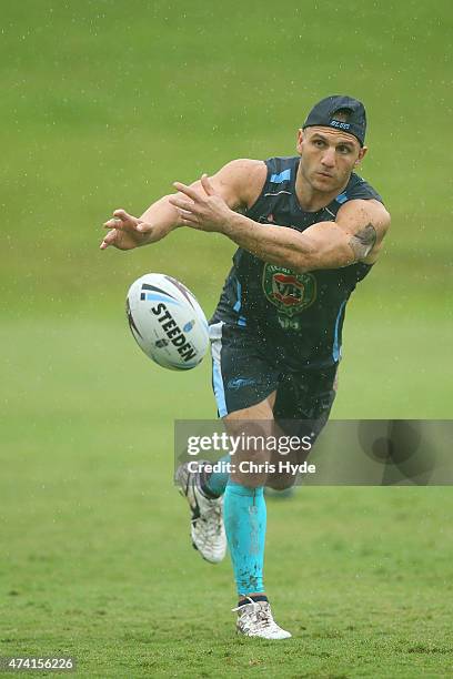 Robbie Farah passes while wearing a bio patch during a New South Wales Blues State of Origin training session at Novotel Coffs Harbour on May 21,...