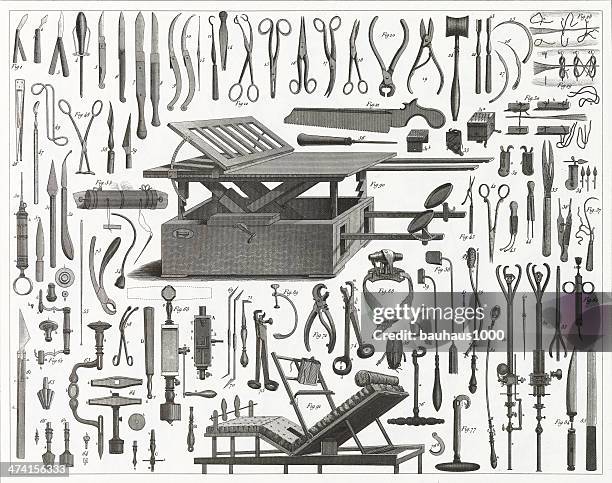 stockillustraties, clipart, cartoons en iconen met victorian surgical equipment - hamer handgereedschap